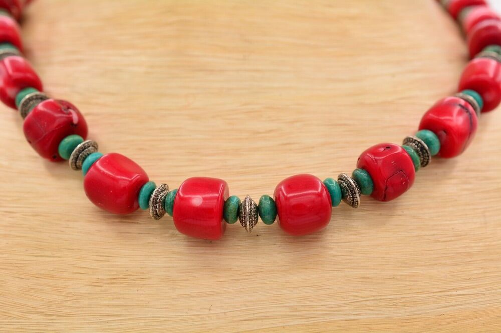 LEA Stone Necklace Red Turquoise Beaded Heavy Chunky Designer Signed Bin3A